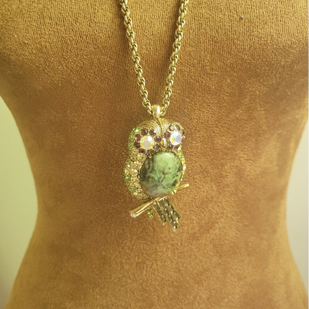 Ann Taylor Gold Tone Crystal Owl Pendant 28" Long Rope Chain Necklace Whimsigoth
